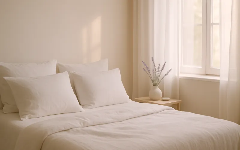 Cameră liniștită cu lumină naturală moale – somn odihnitor